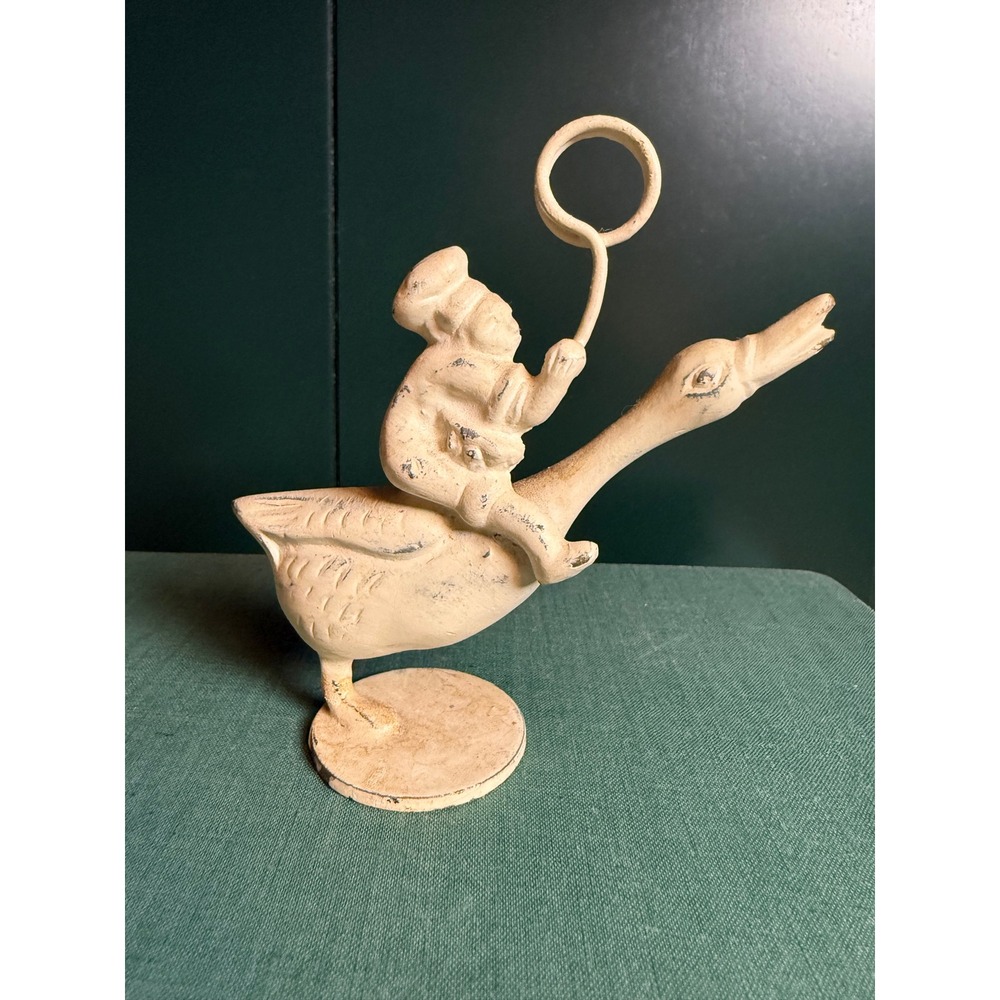 Vtg Farmhouse Cast Iron Goose & Rider Ring Loop Paperweight Decor - Picture 6 of 11